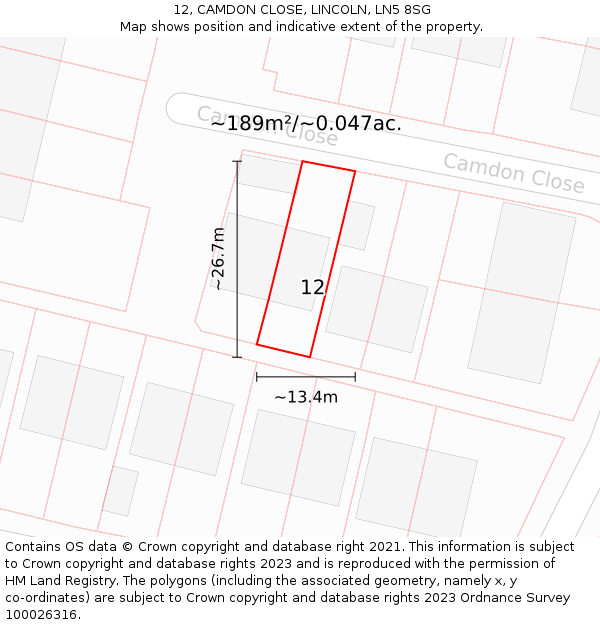 12, CAMDON CLOSE, LINCOLN, LN5 8SG: Plot and title map