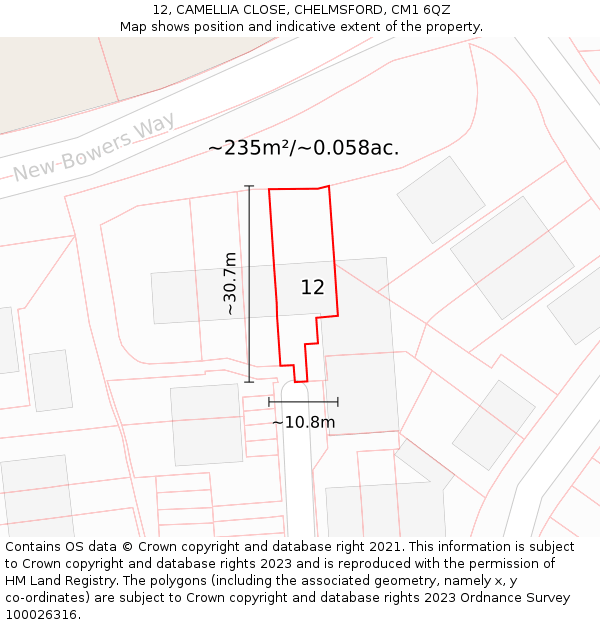 12, CAMELLIA CLOSE, CHELMSFORD, CM1 6QZ: Plot and title map