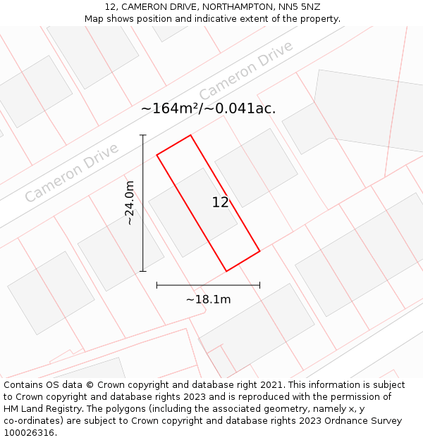 12, CAMERON DRIVE, NORTHAMPTON, NN5 5NZ: Plot and title map