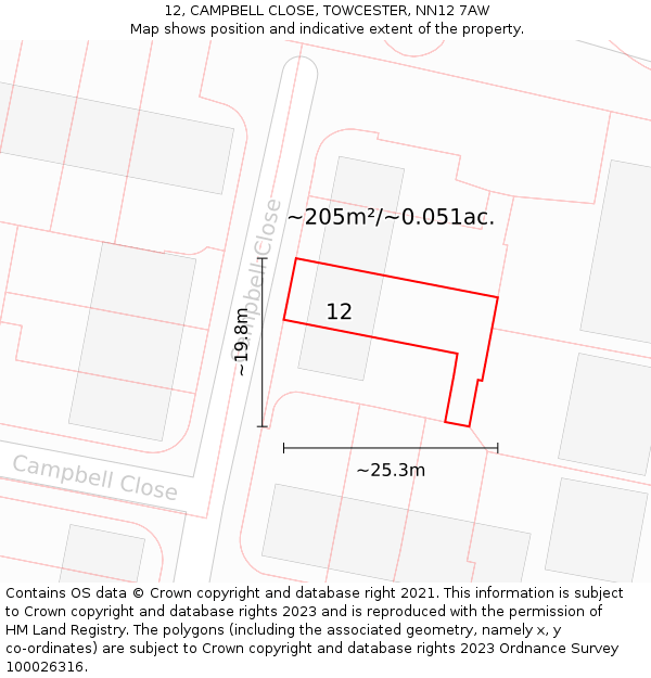 12, CAMPBELL CLOSE, TOWCESTER, NN12 7AW: Plot and title map
