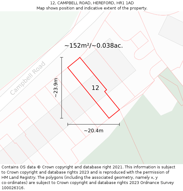 12, CAMPBELL ROAD, HEREFORD, HR1 1AD: Plot and title map