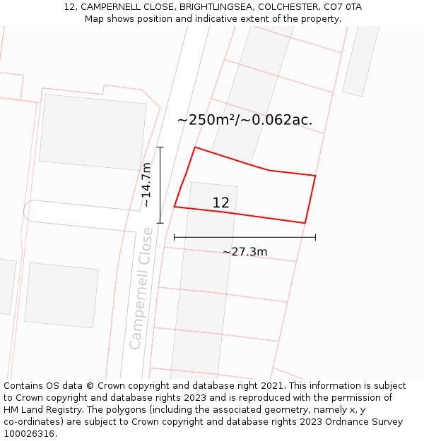 12, CAMPERNELL CLOSE, BRIGHTLINGSEA, COLCHESTER, CO7 0TA: Plot and title map