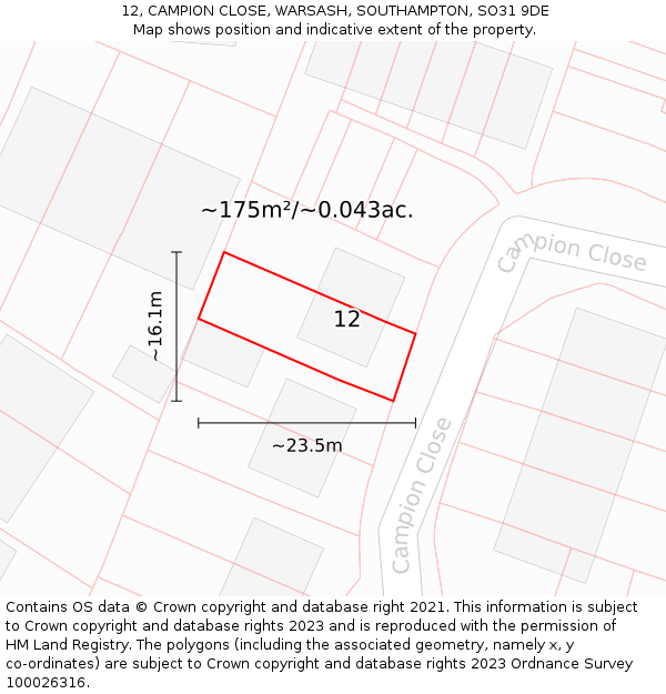 12, CAMPION CLOSE, WARSASH, SOUTHAMPTON, SO31 9DE: Plot and title map