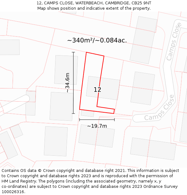12, CAMPS CLOSE, WATERBEACH, CAMBRIDGE, CB25 9NT: Plot and title map