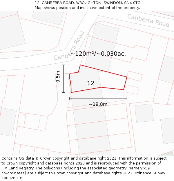 12, CANBERRA ROAD, WROUGHTON, SWINDON, SN4 0TG: Plot and title map