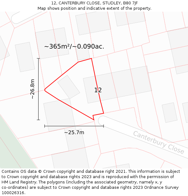 12, CANTERBURY CLOSE, STUDLEY, B80 7JF: Plot and title map