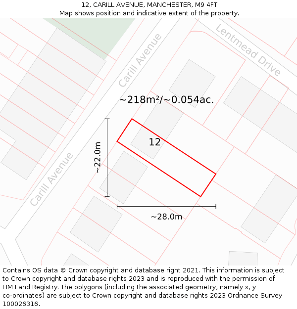12, CARILL AVENUE, MANCHESTER, M9 4FT: Plot and title map