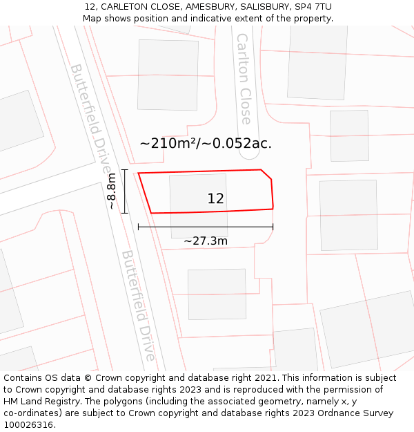12, CARLETON CLOSE, AMESBURY, SALISBURY, SP4 7TU: Plot and title map