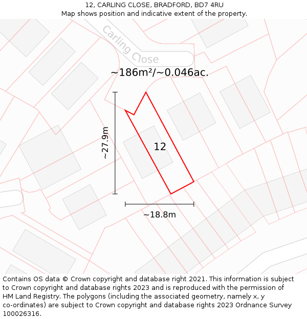 12, CARLING CLOSE, BRADFORD, BD7 4RU: Plot and title map