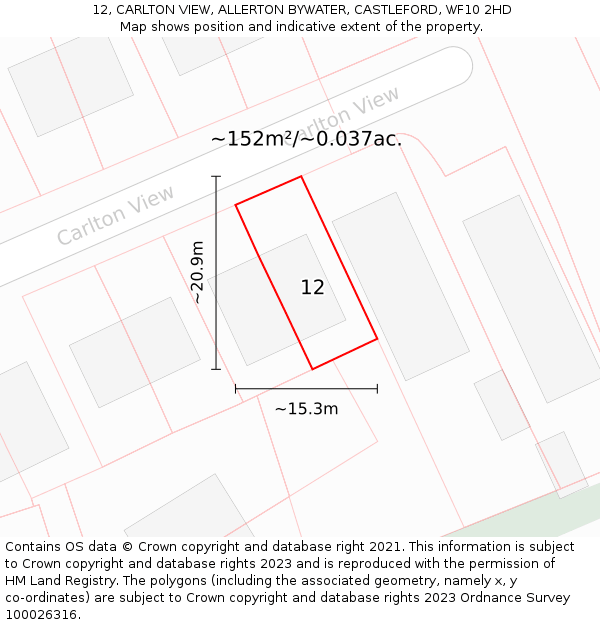 12, CARLTON VIEW, ALLERTON BYWATER, CASTLEFORD, WF10 2HD: Plot and title map