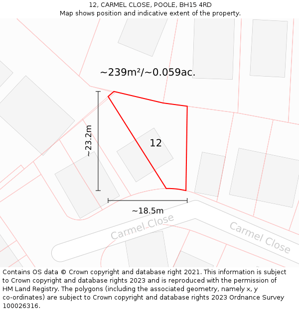12, CARMEL CLOSE, POOLE, BH15 4RD: Plot and title map