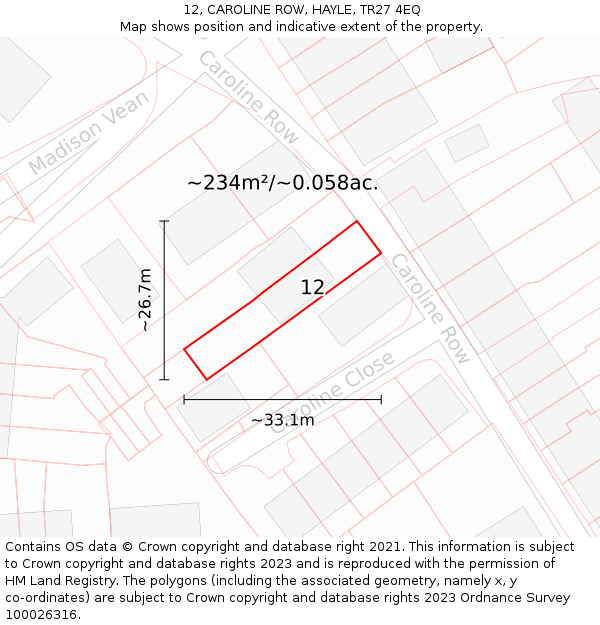 12, CAROLINE ROW, HAYLE, TR27 4EQ: Plot and title map