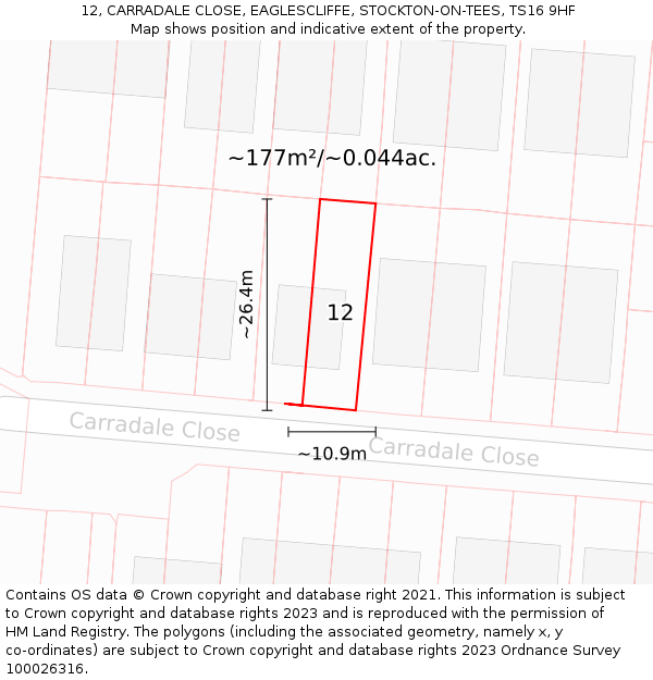 12, CARRADALE CLOSE, EAGLESCLIFFE, STOCKTON-ON-TEES, TS16 9HF: Plot and title map