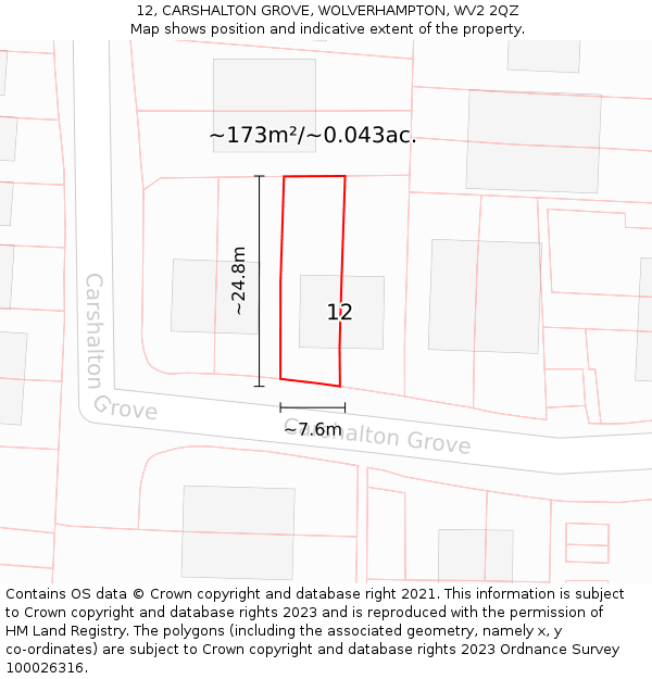12, CARSHALTON GROVE, WOLVERHAMPTON, WV2 2QZ: Plot and title map