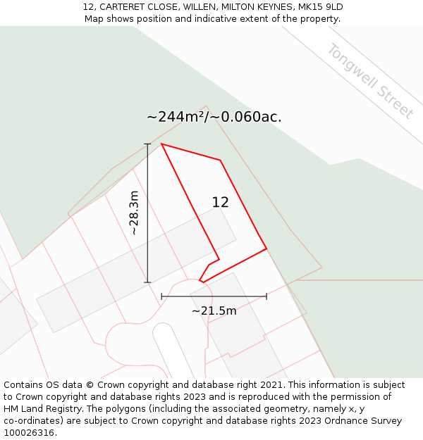 12, CARTERET CLOSE, WILLEN, MILTON KEYNES, MK15 9LD: Plot and title map