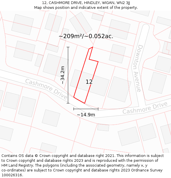 12, CASHMORE DRIVE, HINDLEY, WIGAN, WN2 3JJ: Plot and title map
