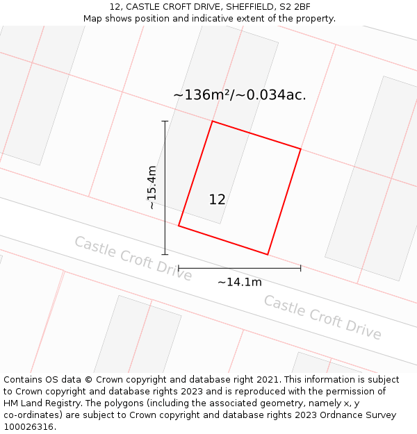 12, CASTLE CROFT DRIVE, SHEFFIELD, S2 2BF: Plot and title map