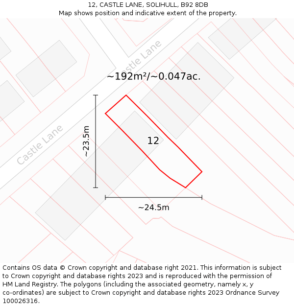 12, CASTLE LANE, SOLIHULL, B92 8DB: Plot and title map