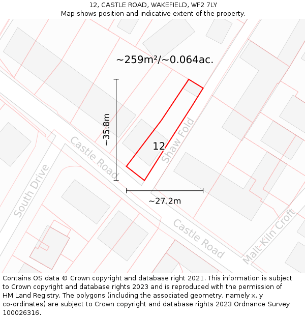 12, CASTLE ROAD, WAKEFIELD, WF2 7LY: Plot and title map