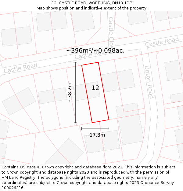 12, CASTLE ROAD, WORTHING, BN13 1DB: Plot and title map