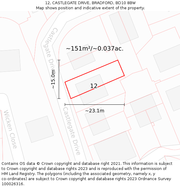 12, CASTLEGATE DRIVE, BRADFORD, BD10 8BW: Plot and title map