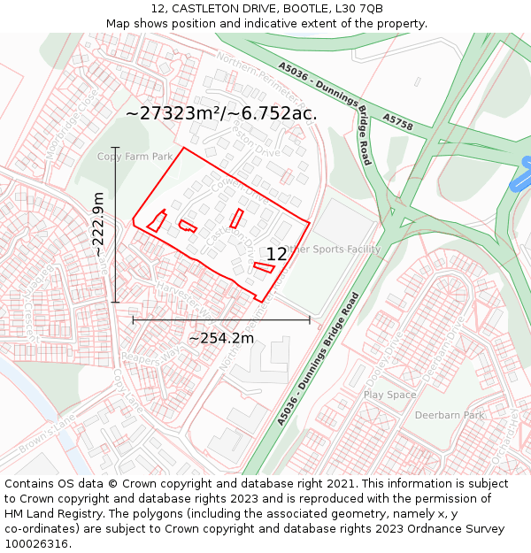 12, CASTLETON DRIVE, BOOTLE, L30 7QB: Plot and title map