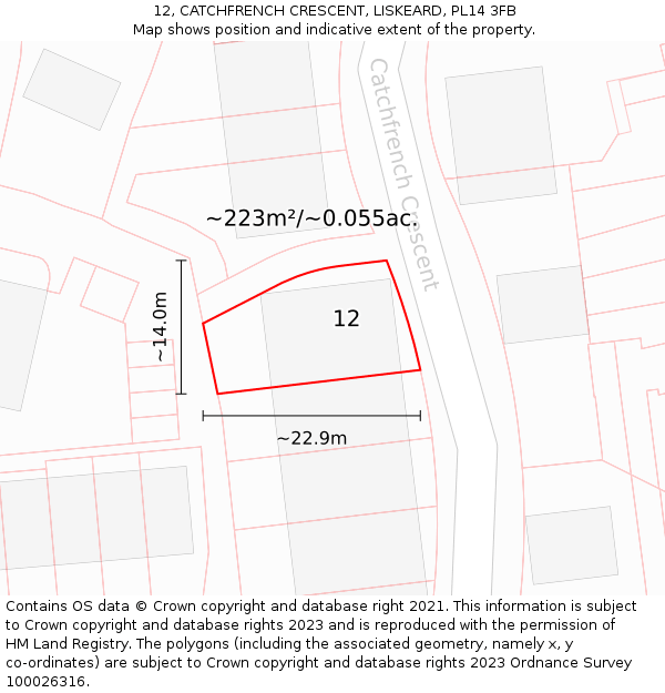 12, CATCHFRENCH CRESCENT, LISKEARD, PL14 3FB: Plot and title map