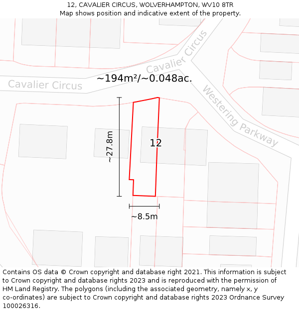 12, CAVALIER CIRCUS, WOLVERHAMPTON, WV10 8TR: Plot and title map
