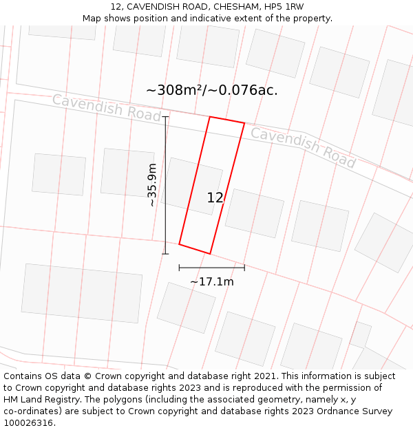 12, CAVENDISH ROAD, CHESHAM, HP5 1RW: Plot and title map