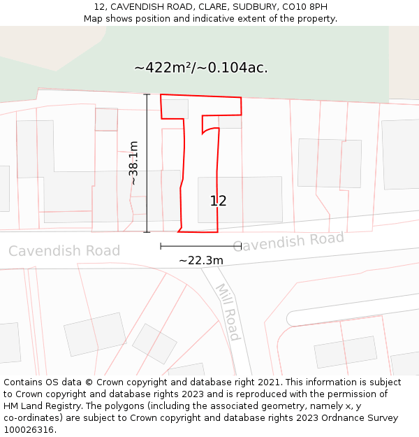 12, CAVENDISH ROAD, CLARE, SUDBURY, CO10 8PH: Plot and title map