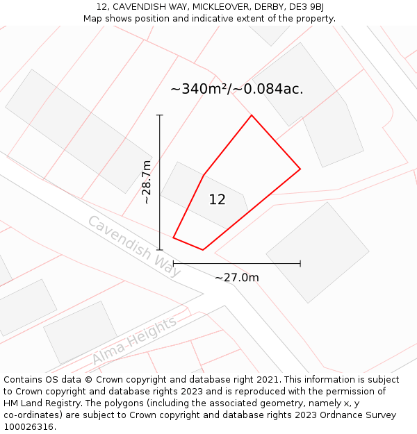 12, CAVENDISH WAY, MICKLEOVER, DERBY, DE3 9BJ: Plot and title map