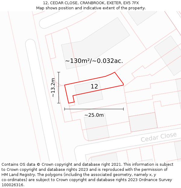 12, CEDAR CLOSE, CRANBROOK, EXETER, EX5 7FX: Plot and title map