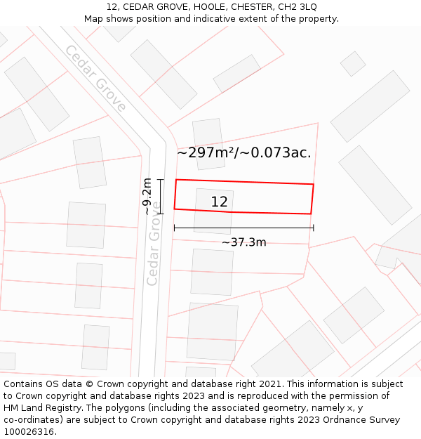 12, CEDAR GROVE, HOOLE, CHESTER, CH2 3LQ: Plot and title map