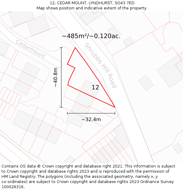 12, CEDAR MOUNT, LYNDHURST, SO43 7ED: Plot and title map