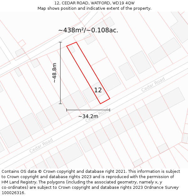 12, CEDAR ROAD, WATFORD, WD19 4QW: Plot and title map
