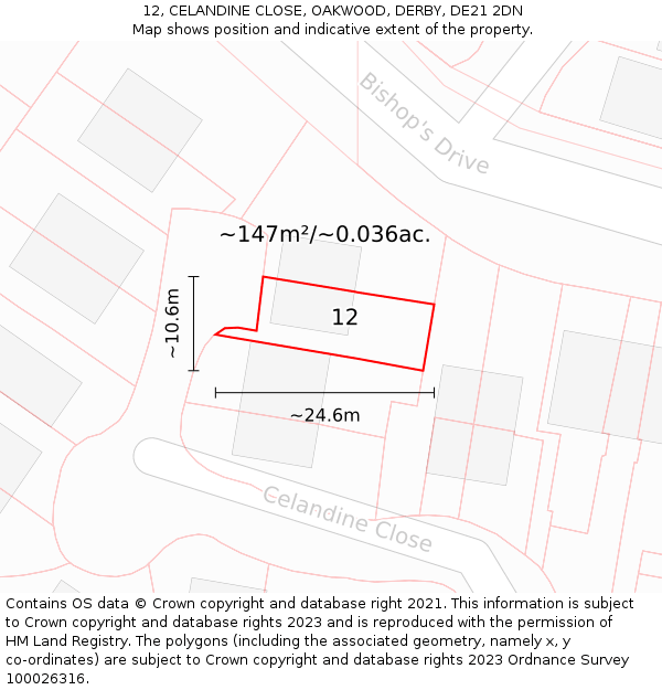 12, CELANDINE CLOSE, OAKWOOD, DERBY, DE21 2DN: Plot and title map