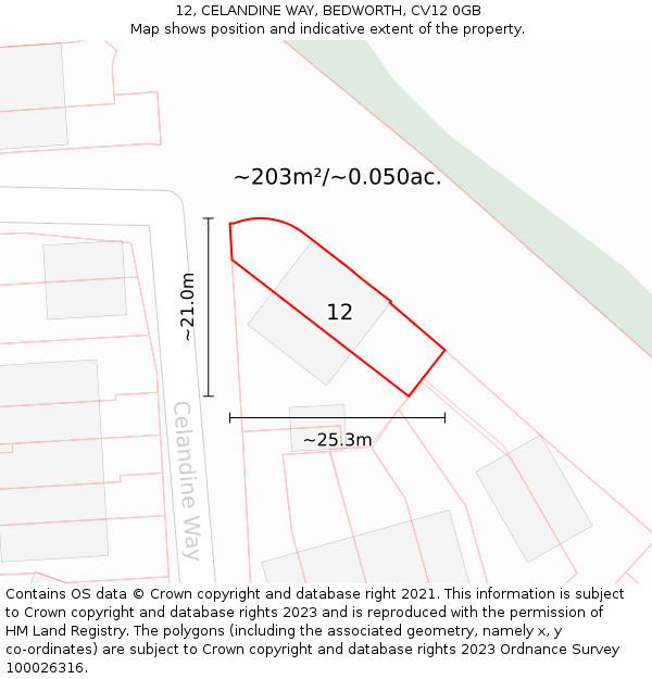 12, CELANDINE WAY, BEDWORTH, CV12 0GB: Plot and title map