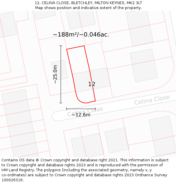 12, CELINA CLOSE, BLETCHLEY, MILTON KEYNES, MK2 3LT: Plot and title map