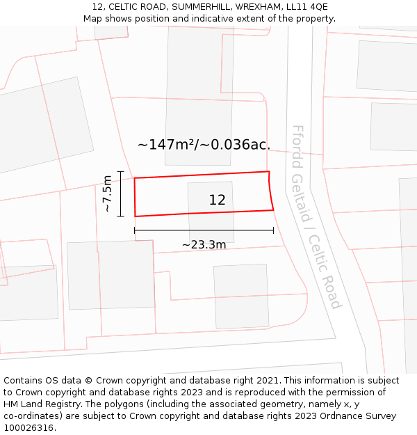12, CELTIC ROAD, SUMMERHILL, WREXHAM, LL11 4QE: Plot and title map