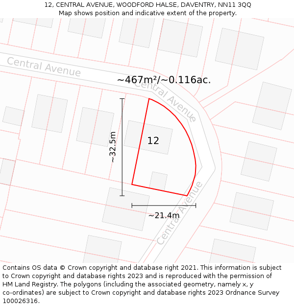 12, CENTRAL AVENUE, WOODFORD HALSE, DAVENTRY, NN11 3QQ: Plot and title map