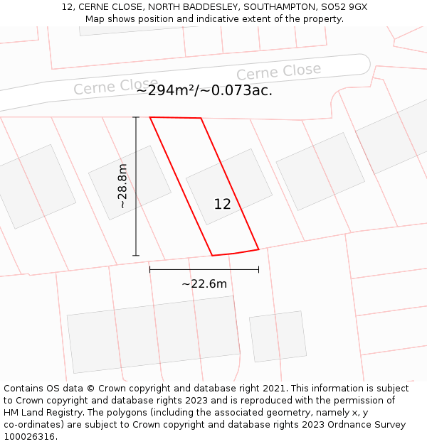 12, CERNE CLOSE, NORTH BADDESLEY, SOUTHAMPTON, SO52 9GX: Plot and title map