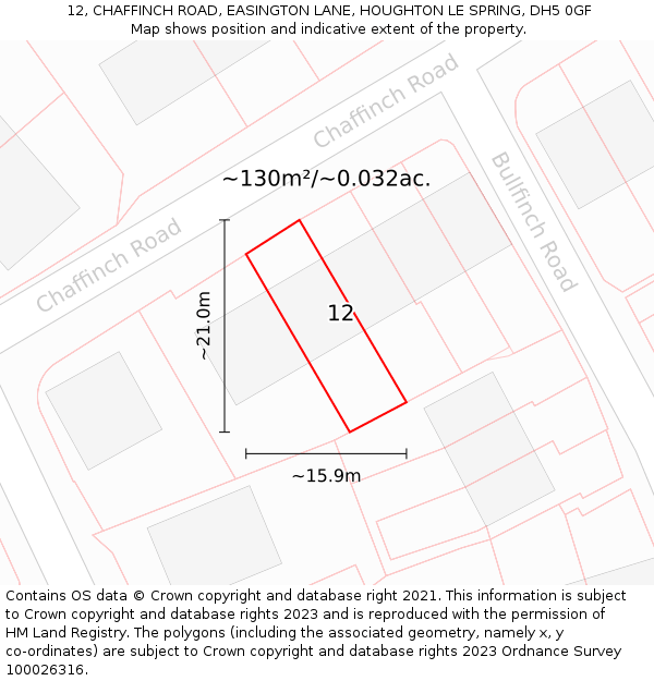 12, CHAFFINCH ROAD, EASINGTON LANE, HOUGHTON LE SPRING, DH5 0GF: Plot and title map