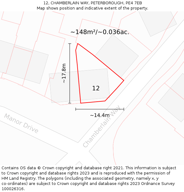 12, CHAMBERLAIN WAY, PETERBOROUGH, PE4 7EB: Plot and title map