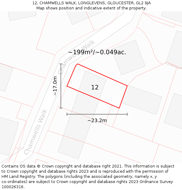 12, CHAMWELLS WALK, LONGLEVENS, GLOUCESTER, GL2 9JA: Plot and title map