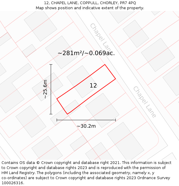 12, CHAPEL LANE, COPPULL, CHORLEY, PR7 4PQ: Plot and title map