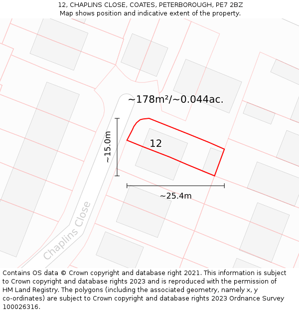 12, CHAPLINS CLOSE, COATES, PETERBOROUGH, PE7 2BZ: Plot and title map