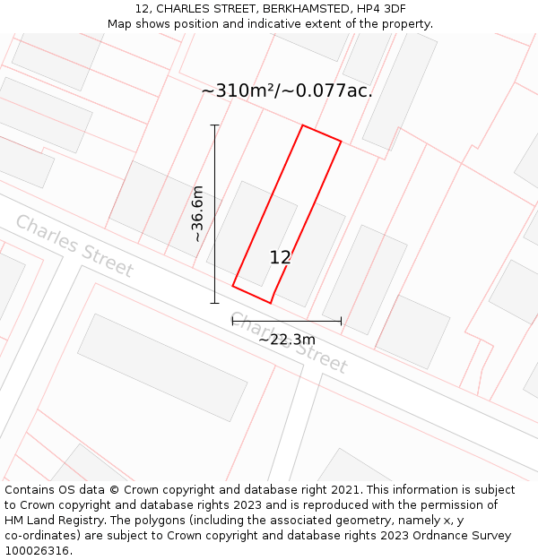 12, CHARLES STREET, BERKHAMSTED, HP4 3DF: Plot and title map