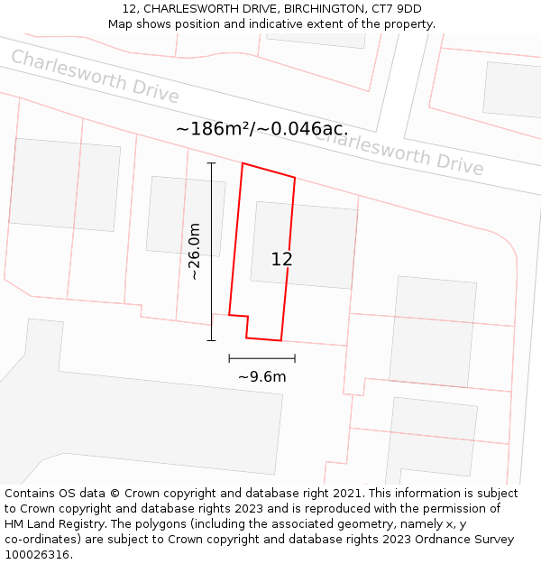 12, CHARLESWORTH DRIVE, BIRCHINGTON, CT7 9DD: Plot and title map
