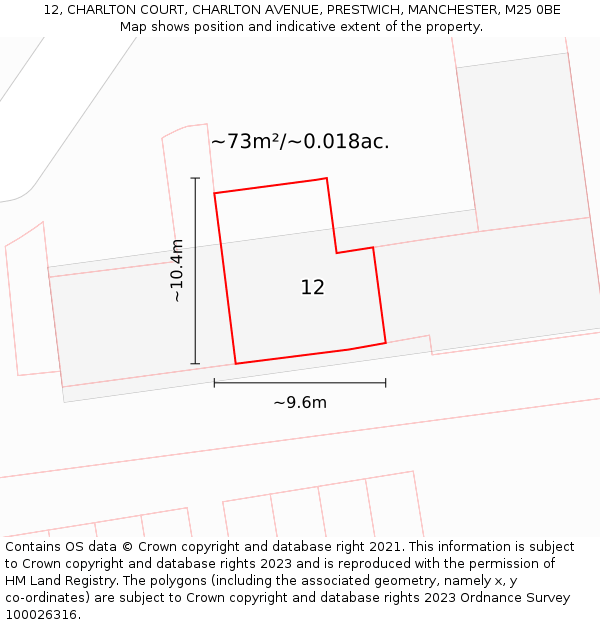 12, CHARLTON COURT, CHARLTON AVENUE, PRESTWICH, MANCHESTER, M25 0BE: Plot and title map