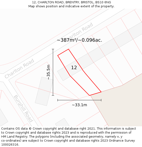 12, CHARLTON ROAD, BRENTRY, BRISTOL, BS10 6NG: Plot and title map